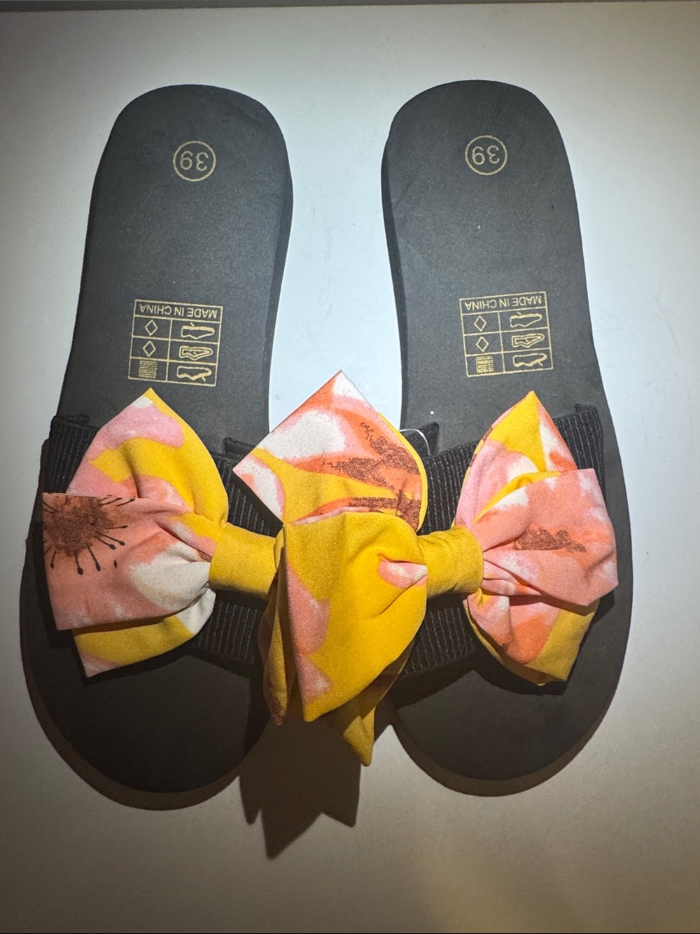 Black Slide Sandals with Yellow & Pink Floral Bow